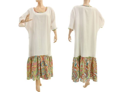 Weites Maxi Leinen Cotton Kleid mit Rüsche in weiß 44-50